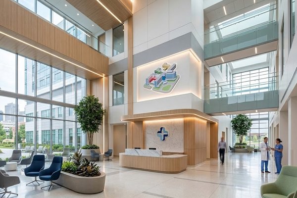 Modern hospital lobby interior with seating and wooden walls